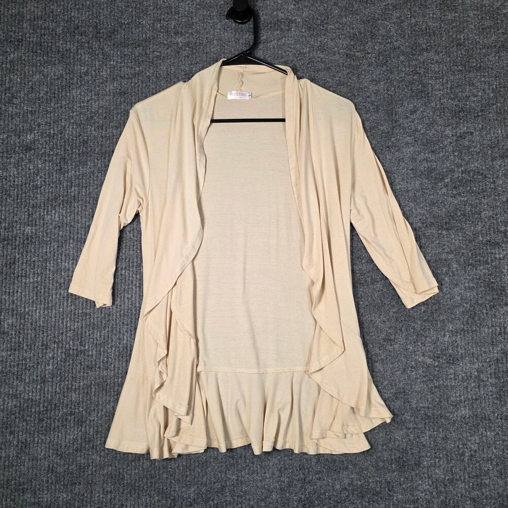 Bluetime Beige‎ Open Front Cardigan Ruffle Hem 3/4 Sleeve Lightweight Small